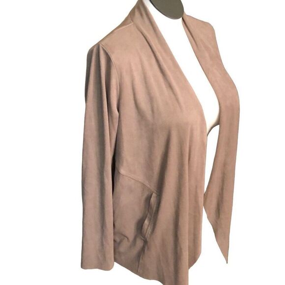Style & Co Womens Faux Suede Jacket M Tan Waterfall Collar Open Front Workwear - Picture 2 of 9